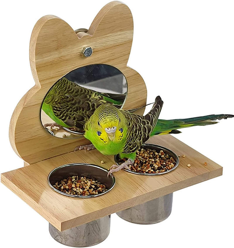 Bird Food Cups with Natural Wooden Perch, Bird Mirror Toys with Stainless Steel Food Bowls, Fun Stand Platform Toys for Birdcage, Bird Feeding & Watering Supplies for Parrot Cockatiels Parakeet Finch Animals & Pet Supplies > Pet Supplies > Bird Supplies > Bird Cage Accessories > Bird Cage Food & Water Dishes LeLePet   