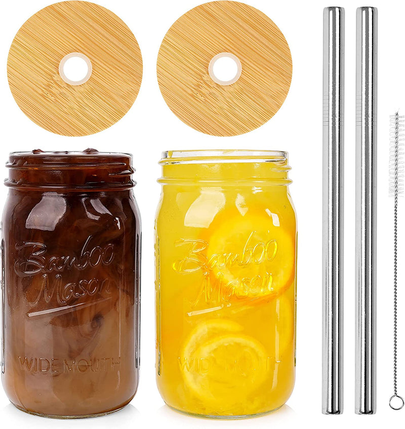 Mason Jar with Lid and Straw, ANOTION 32Oz Wide Mouth Boba Cup Reusable Drinking Glasses Tumbler Smoothie Water Bottles for Iced Coffee Margaritas Ice Cream Juice Cocktail Travel Office Home Home & Garden > Kitchen & Dining > Tableware > Drinkware ANOTION 2 32OZ Jars: Upgrade Bamboo Lid+Silver Straw  