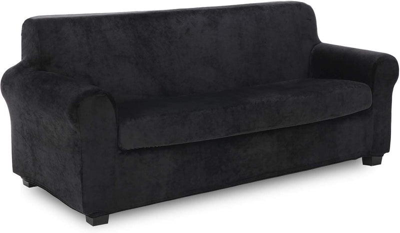 TIANSHU 2 Piece Velvet Sofa Cover, Soft Plush Couch Cover for 3 Cushion Couch, Non-Slip High Stretch Sofa Slipcover for Living Room, Stylish Fleece Furniture Cover Protector.(Sofa, Black) Home & Garden > Decor > Chair & Sofa Cushions TIANSHU   