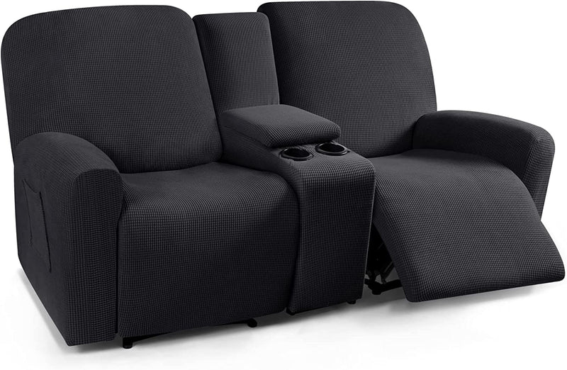 Recliner Loveseat Cover with Middle Console Sofa Slipcover, Stretch Reclining Sofa Covers for 2 Seat Reclining Couch, Jacquard Pattern Soft Loveseat Slipcover Furniture Protector, Black Home & Garden > Decor > Chair & Sofa Cushions TAOCOCO Black 2 Seat 