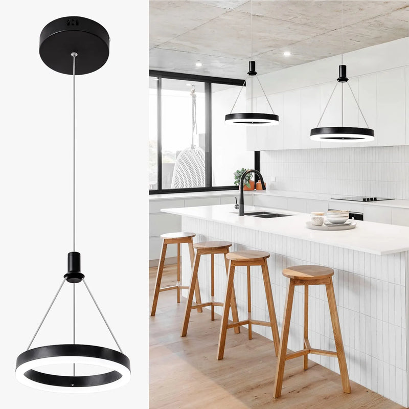 Dhrtara LED round Dimmable Pendant Light Fixture,Kitchen Island Black Modern Chandelier 59In Cord Adjustable Height 1-Ring for Dining Room Bedroom Foyer Hallway Bar,15W