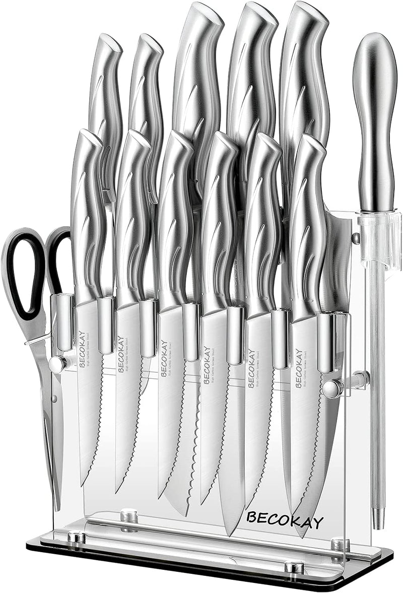 Premium Chef Knife Sets,14-Piece Kitchen Knives with Acrylic Stand, Full Tang Designed, High Carbon Stainless Steel Cutlery with Knife Sharpener & 6 Steak Knives, Ergonomic Handle & Gifted Box(Silver) Home & Garden > Kitchen & Dining > Kitchen Tools & Utensils > Kitchen Knives BECOKAY   