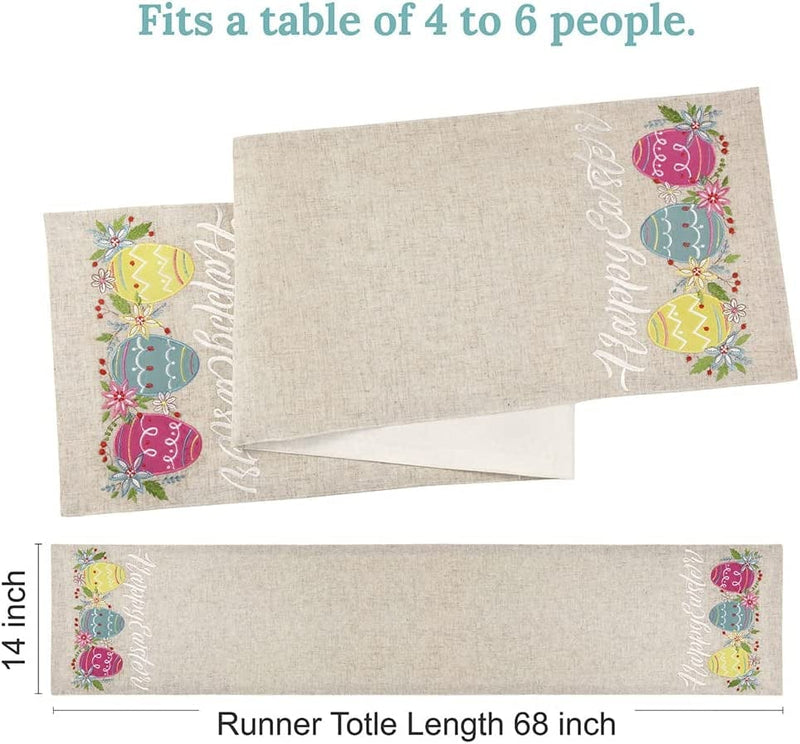 Feuille Easter Table Runner 68 Inch - Spring Table Runner Polyester Linen Easter Eggs, Perfect for Farmhouse Easter Decorations for Table