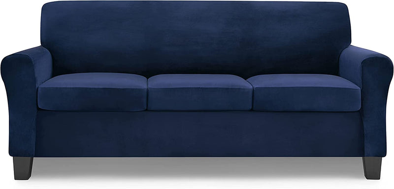 MCOLIMA Sofa Covers for 3 Cushion Couch Velvet Sofa Slip Cover 4 Piece Stretch Couch Covers for 3 Seater Sofa,Large Navy Blue
