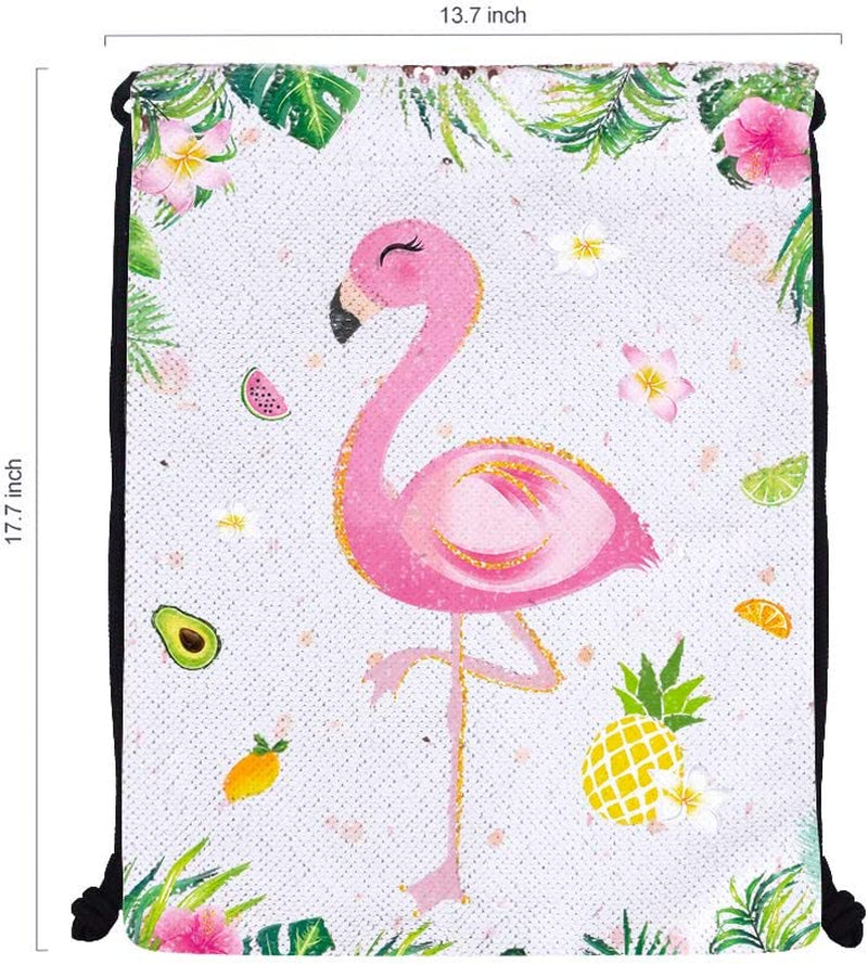 Sequins Flamingo Drawstring Backpack - 14” × 18” Pink Mermaid Backpack for Girls Birthday Xmas Gift Waterproof Gym Sack Pack School Travel Gym Yoga Sports Shoulder Cinch Bags