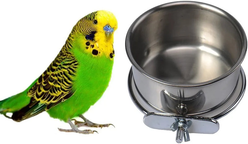 Hypeety Pet Bird Food Feeding and Drinking Hanging Cup Clamp Holder Stainless Steel Hanging Bowl for Parrot Macaw African Greys Budgies Parakeet Cockatiels Conure Lovebirds Finch Pigeon Cage Animals & Pet Supplies > Pet Supplies > Bird Supplies > Bird Cage Accessories > Bird Cage Food & Water Dishes Hypeety   