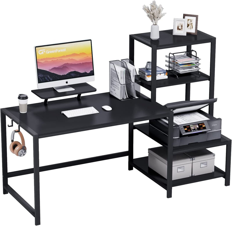 Greenforest Computer Desk 68.8 Inch with Storage Printer Shelf Reversible Home Office Desk Large Study Writing Table with Movable Monitor Stand and 2 Headphone Hooks for PC, Gaming, Working, Walnut Home & Garden > Household Supplies > Storage & Organization GreenForest Black 59 inch 