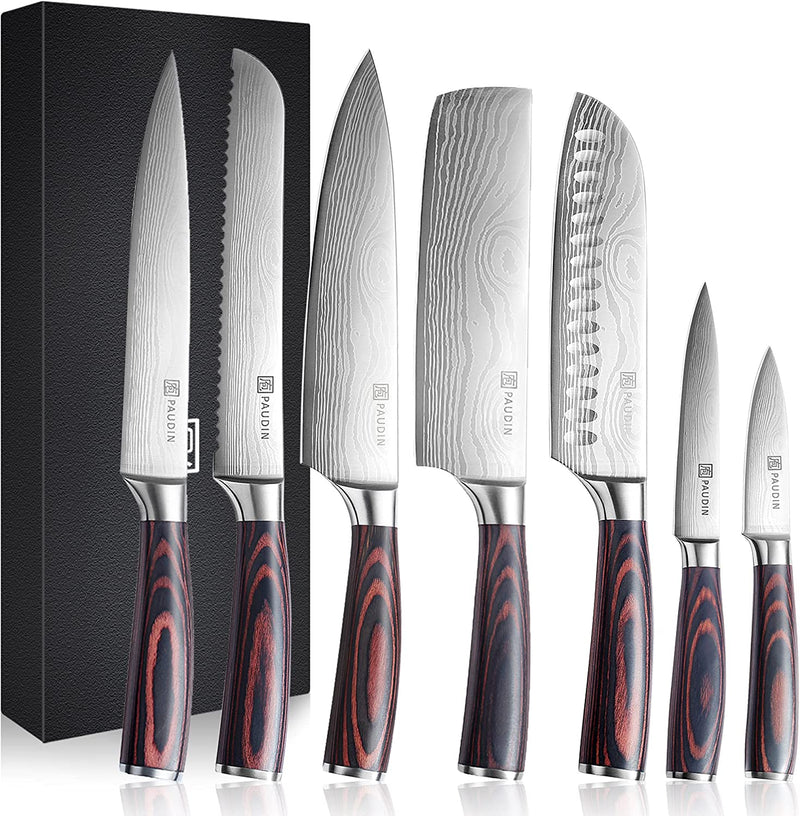 PAUDIN Knife Set, 5 Pcs Kitchen Knife Set with Sharp High Carbon Stainless Steel Forged Blade and Non-Slip Pakkawood Handle, Professional Knives Set for Kitchen, Chef Knife Set Come with Gift Box Home & Garden > Kitchen & Dining > Kitchen Tools & Utensils > Kitchen Knives PAUDIN 7 Pcs Knife Set  