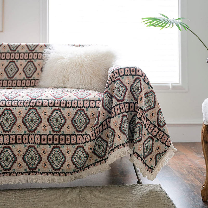 DREAMINGO Boho Couch Cover Geometric Jacquard Sofa Covers for 3 Cushion Couch with Tasse Farmhouse Furniture Couch Protector for Dogs Cats Pet Universal Retro Sectional Couch Covers L Shape, 71"X134" Home & Garden > Decor > Chair & Sofa Cushions DREAMINGO   