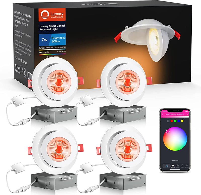 Lumary 4 Inch Smart Gimbal Recessed Lighting - Swivel Adjustable Eyeball Downlight with Junction Box, Color Changing Canless Wafer Lights, Work with Alexa/Google Assistant/Siri ETL Certified