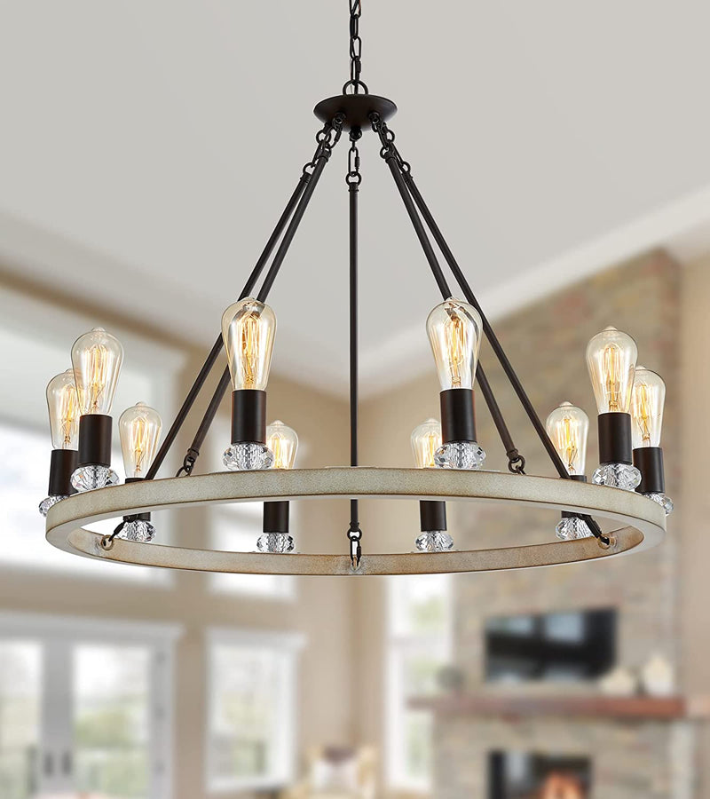 MEIXISUE Large Modern Wagon Wheel Chandelier Gold Metal round Luxury Industrial Country Chandelier Light Fixture for Dining Room Living Room Foyer Entryway W40.55 12-Lights UL Listed Home & Garden > Lighting > Lighting Fixtures > Chandeliers MEIXI 10-Lights oak  