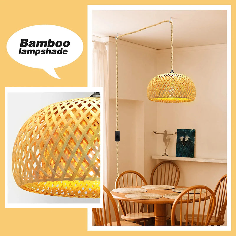 Plug in Pendant Light, 3 Color Bulb Pendant Light Fixtures, Hanging Light with 15 Ft Hemp Rope Cord On/Off Switch, Bamboo Lamp Shade Wicker Rattan Hanging Lights Fixture for Bedroom, Kitchen Island Home & Garden > Lighting > Lighting Fixtures Beser·Win   
