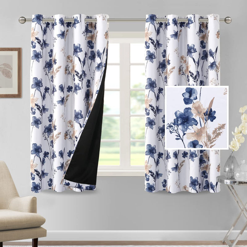 H.VERSAILTEX 100% Blackout Curtains 84 Inch Length 2 Panels Set Cattleya Floral Printed Drapes Leah Floral Thermal Curtains for Bedroom with Black Liner Sound Proof Curtains, Navy and Taupe Home & Garden > Decor > Window Treatments > Curtains & Drapes H.VERSAILTEX Navy/Taupe 52"W x 63"L 