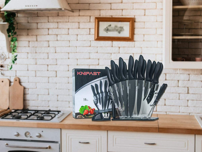 KNIFAST Knife Set Stainless Steel 18 Pieces with Block Dishwasher Safe, Kitchen Knives Set Chef Knife Set with Knife Sharpener, 6 Steak Knives with Peeler Scissors Cheese Pizza Knife and Acrylic Stand Home & Garden > Kitchen & Dining > Kitchen Tools & Utensils > Kitchen Knives KNIFAST   
