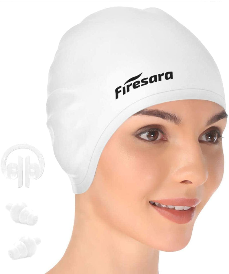 Firesara Swim Cap, Original Updated Swimming Cap 3D Ergonomic Design Comfortable Durable Ear Protection for Women Kids Men Adults Boys Girls for Long or Short Hair with Nose Clip and Ear Plugs Sporting Goods > Outdoor Recreation > Boating & Water Sports > Swimming > Swim Caps Firesara white  