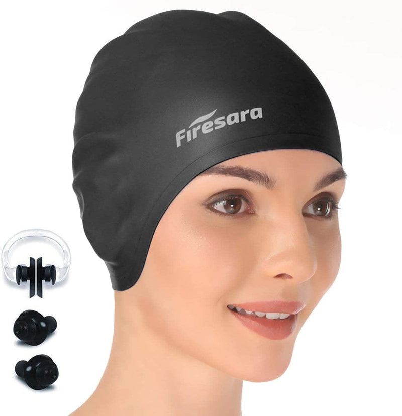 Firesara Swim Cap, Original Updated Swimming Cap 3D Ergonomic Design Comfortable Durable Ear Protection for Women Kids Men Adults Boys Girls for Long or Short Hair with Nose Clip and Ear Plugs Sporting Goods > Outdoor Recreation > Boating & Water Sports > Swimming > Swim Caps Firesara Black  