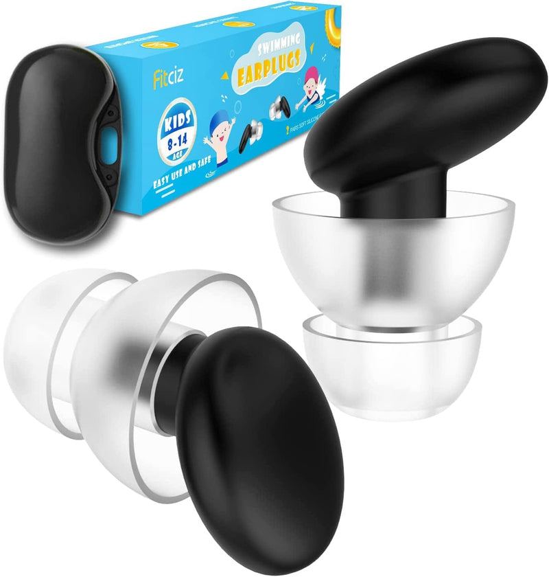 Fitciz Ear Plugs for Swimming Adults, 2 Pairs Swim Ear Plugs, 2 Sizes S+L in 1 Box with Delicate Case, Comfortable Waterproof Swimming Earplugs for Men and Women, Swimmers, Water Pool Shower Bathing Sporting Goods > Outdoor Recreation > Boating & Water Sports > Swimming Fitciz Black for Kid  