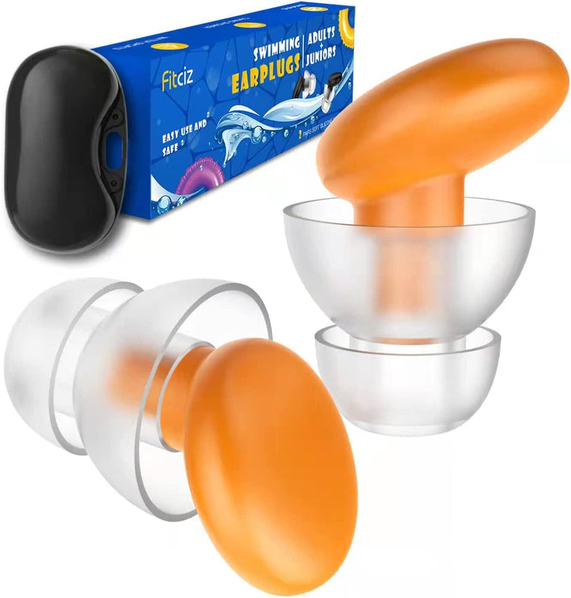 Fitciz Ear Plugs for Swimming Adults, 2 Pairs Swim Ear Plugs, 2 Sizes S+L in 1 Box with Delicate Case, Comfortable Waterproof Swimming Earplugs for Men and Women, Swimmers, Water Pool Shower Bathing Sporting Goods > Outdoor Recreation > Boating & Water Sports > Swimming Fitciz Orange for Adult  