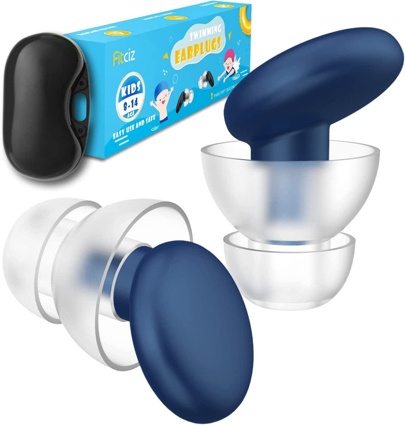 Fitciz Ear Plugs for Swimming Adults, 2 Pairs Swim Ear Plugs, 2 Sizes S+L in 1 Box with Delicate Case, Comfortable Waterproof Swimming Earplugs for Men and Women, Swimmers, Water Pool Shower Bathing Sporting Goods > Outdoor Recreation > Boating & Water Sports > Swimming Fitciz Blue for Kid  