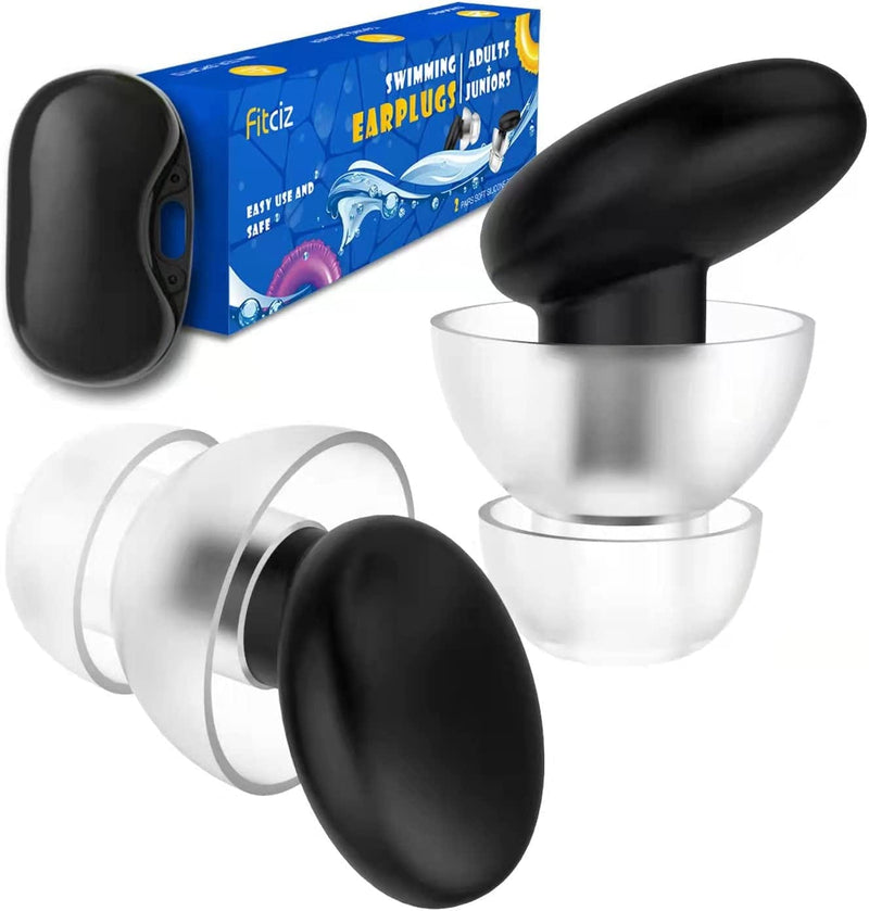Fitciz Ear Plugs for Swimming Adults, 2 Pairs Swim Ear Plugs, 2 Sizes S+L in 1 Box with Delicate Case, Comfortable Waterproof Swimming Earplugs for Men and Women, Swimmers, Water Pool Shower Bathing Sporting Goods > Outdoor Recreation > Boating & Water Sports > Swimming Fitciz Black for Adult  