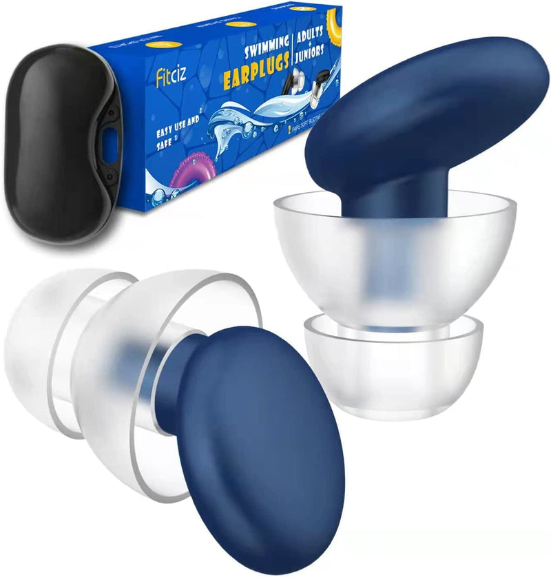 Fitciz Ear Plugs for Swimming Adults, 2 Pairs Swim Ear Plugs, 2 Sizes S+L in 1 Box with Delicate Case, Comfortable Waterproof Swimming Earplugs for Men and Women, Swimmers, Water Pool Shower Bathing Sporting Goods > Outdoor Recreation > Boating & Water Sports > Swimming Fitciz Blue  