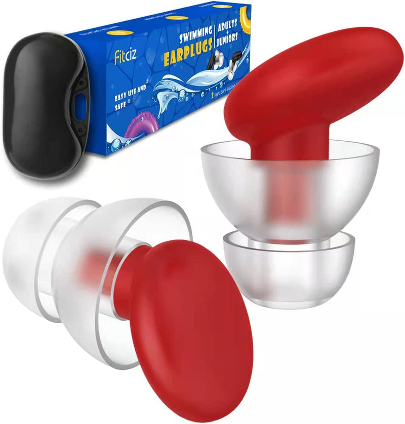 Fitciz Ear Plugs for Swimming Kids and Adults, 2 Pairs, 2 Sizes S+L in 1 Box with Delicate Case, Comfortable Waterproof Swimming Earplugs for Kids, Men and Women, Swimmers (Red) Sporting Goods > Outdoor Recreation > Boating & Water Sports > Swimming Fitciz   