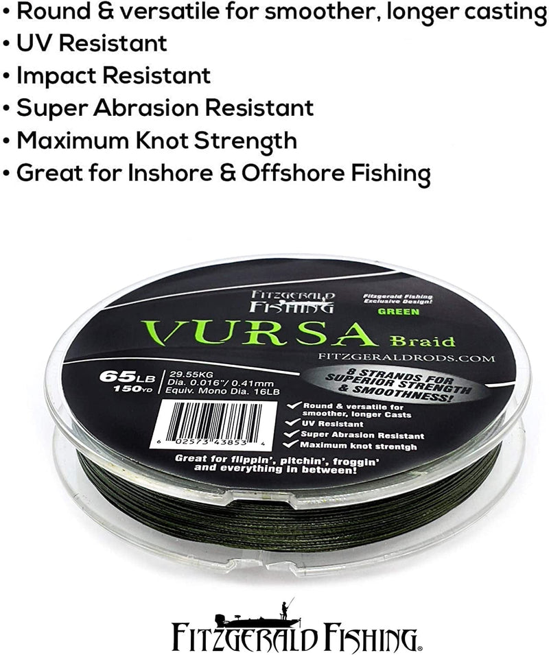 Fitzgerald Vursa Braided Green Professional Graded Power Fishing Line 150/300/1500 Yd, Smooth 8 Strands, Extremely Thin, Heavy Duty, Superior Knot Strength, Longer Casting, Fade Resistant, 10-80 Lb Sporting Goods > Outdoor Recreation > Fishing > Fishing Lines & Leaders Fitzgerald Fishing   