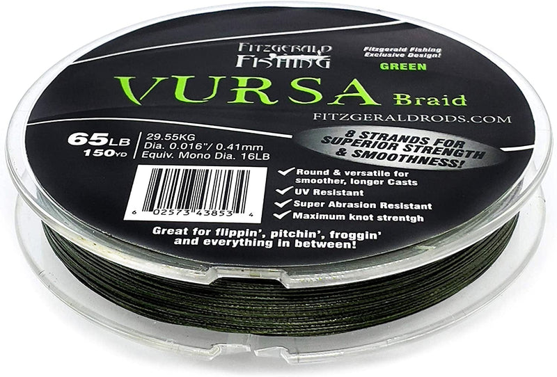 Fitzgerald Vursa Braided Green Professional Graded Power Fishing Line 150/300/1500 Yd, Smooth 8 Strands, Extremely Thin, Heavy Duty, Superior Knot Strength, Longer Casting, Fade Resistant, 10-80 Lb Sporting Goods > Outdoor Recreation > Fishing > Fishing Lines & Leaders Fitzgerald Fishing 15lb 150yd 