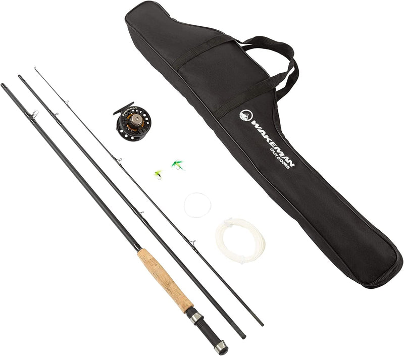 Fly Fishing Pole Collection – 3 Piece Collapsible Fiberglass and Cork Rod and Ambidextrous Reel Combo with Carry Case and Accessories by Wakeman Outdoors