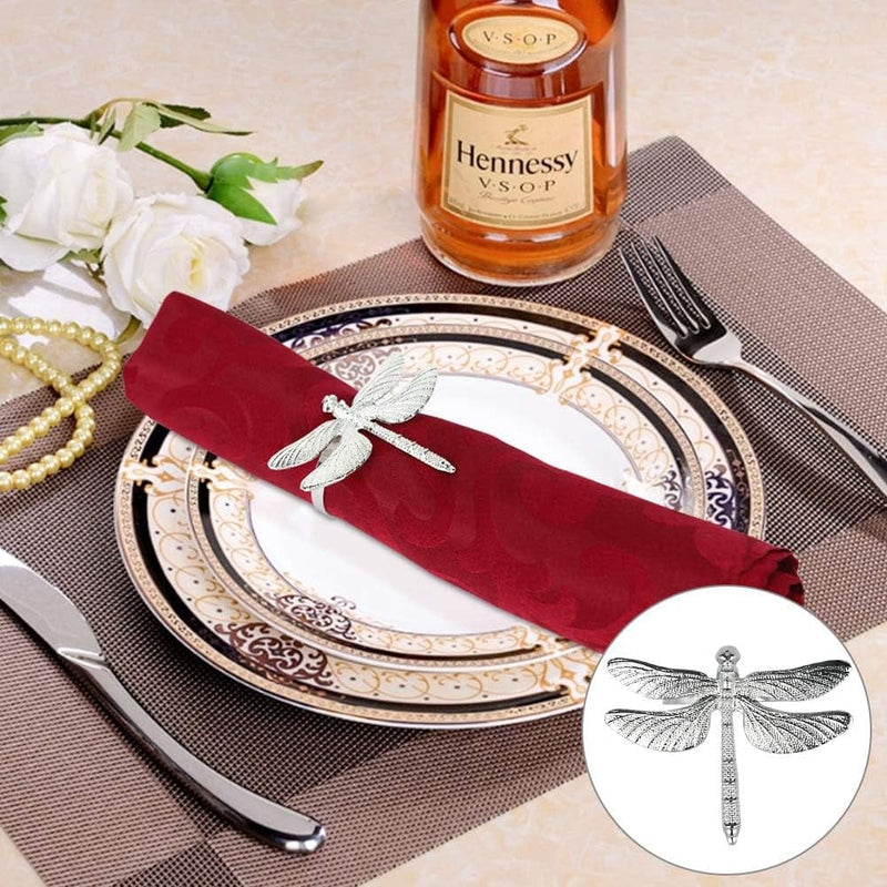 Frjjthchy Metal Napkin Rings, Set of 6 Decoration Dragonfly Napkin Ring Holder for Wedding/Christmas/Holiday and Family Gathering (Silver)