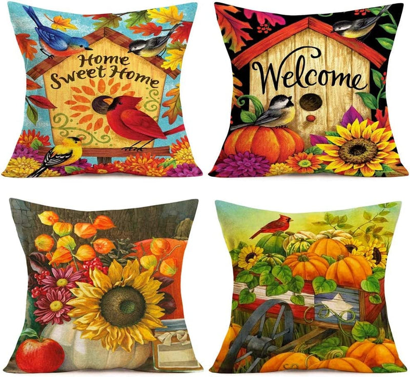 Fukeen Autumn Good Harvest Decorations Pillow Covers USA Flag Farm Cart with Pumpkin Sunflower Birds Throw Pillow Cases Set of 4 Fall Maple Leaf Sweet Home Decor Cotton Linen 18”X18” Cushion Cover