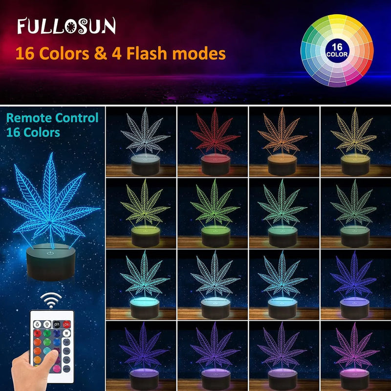 FULLOSUN 3D Night Light, Leaf Illusion Lamp with Remote Control 16 Colors Changing Table Desk Bedroom Decor Optical Home Room Store Decoration