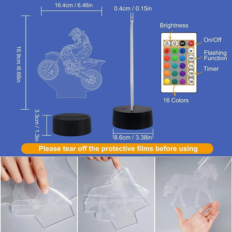 FULLOSUN Dirt Bike Gifts, Motocross 3D Night Light for Kids for Xmas Holiday Birthday Gifts for Kids Motorcycle Fan with Remote Control 16 Colors Changing + 4 Changing Mode + Dim Function