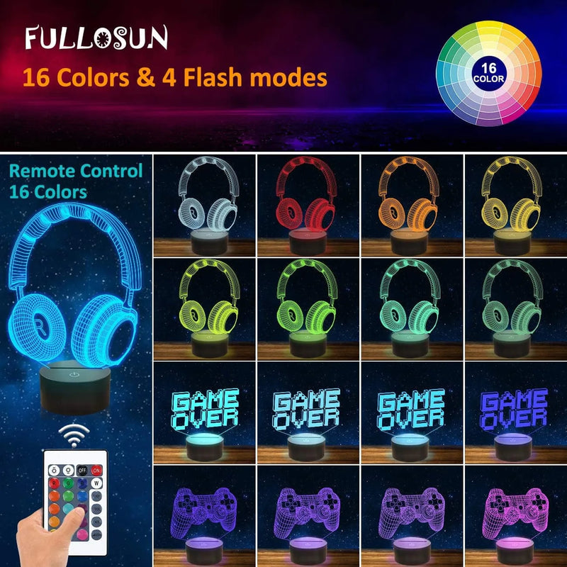 FULLOSUN Pixel Game over Illusion Lamp, Gamepad 3D Night Light (3 Patterns) with Remote Control 16 Color Changing Gaming Room Headset Decor Best Gamer Gift