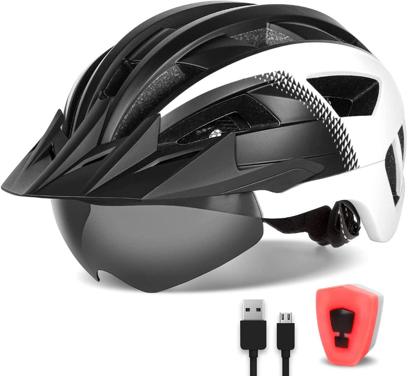 FUNWICT Adult Bike Helmet with Visor and Goggles for Men Women Mountain Road Bicycle Helmet Rechargeable Rear Light Cycling Helmet Sporting Goods > Outdoor Recreation > Cycling > Cycling Apparel & Accessories > Bicycle Helmets FUNWICT Black White L: 57-61 cm (22.4-24 inches) 