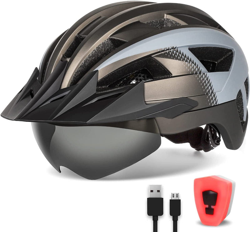 FUNWICT Adult Bike Helmet with Visor and Goggles for Men Women Mountain Road Bicycle Helmet Rechargeable Rear Light Cycling Helmet Sporting Goods > Outdoor Recreation > Cycling > Cycling Apparel & Accessories > Bicycle Helmets FUNWICT Ti Grey L: 57-61 cm (22.4-24 inches) 
