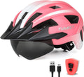 FUNWICT Adult Bike Helmet with Visor and Goggles for Men Women Mountain Road Bicycle Helmet Rechargeable Rear Light Cycling Helmet Sporting Goods > Outdoor Recreation > Cycling > Cycling Apparel & Accessories > Bicycle Helmets FUNWICT MixPink XL: 59-63 cm (23.2-24.8 inches) 