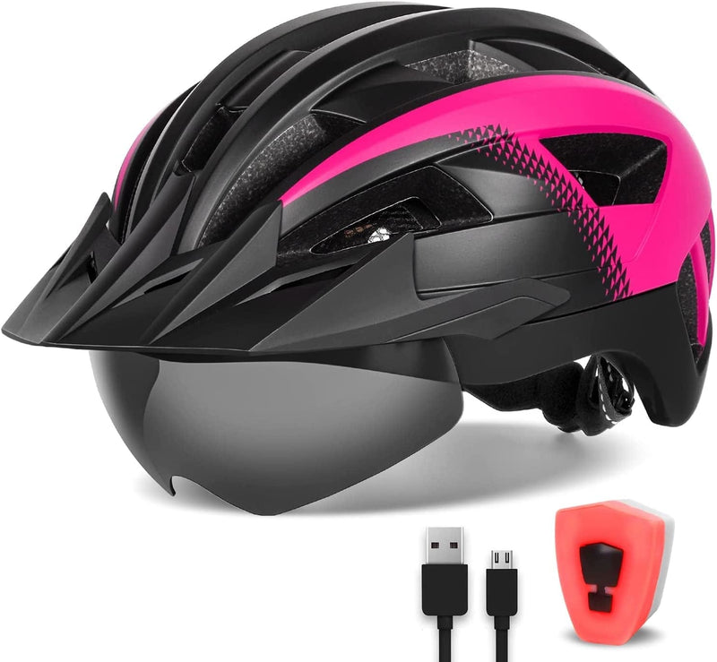 FUNWICT Adult Bike Helmet with Visor and Goggles for Men Women Mountain Road Bicycle Helmet Rechargeable Rear Light Cycling Helmet Sporting Goods > Outdoor Recreation > Cycling > Cycling Apparel & Accessories > Bicycle Helmets FUNWICT Black Pink M: 54-58 cm (21.3-22.8 inches) 