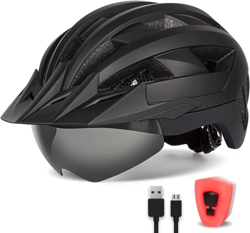 FUNWICT Adult Bike Helmet with Visor and Goggles for Men Women Mountain Road Bicycle Helmet Rechargeable Rear Light Cycling Helmet Sporting Goods > Outdoor Recreation > Cycling > Cycling Apparel & Accessories > Bicycle Helmets FUNWICT Black XL: 59-63 cm (23.2-24.8 inches) 