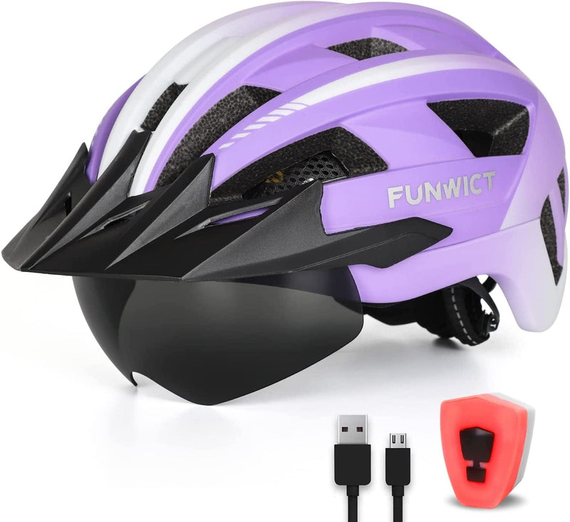 FUNWICT Adult Bike Helmet with Visor and Goggles for Men Women Mountain Road Bicycle Helmet Rechargeable Rear Light Cycling Helmet Sporting Goods > Outdoor Recreation > Cycling > Cycling Apparel & Accessories > Bicycle Helmets FUNWICT MixPurple L: 57-61 cm (22.4-24 inches) 