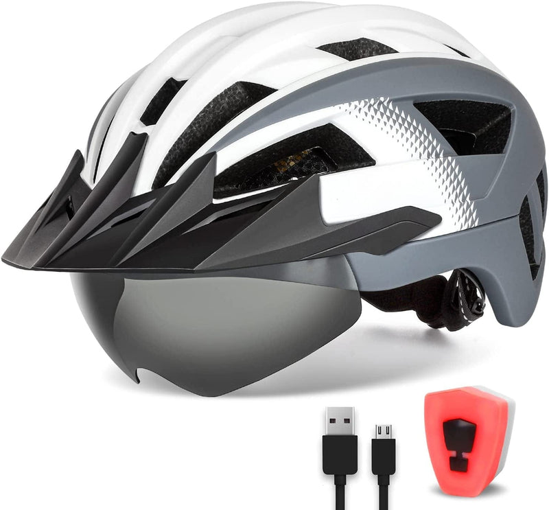 FUNWICT Adult Bike Helmet with Visor and Goggles for Men Women Mountain Road Bicycle Helmet Rechargeable Rear Light Cycling Helmet Sporting Goods > Outdoor Recreation > Cycling > Cycling Apparel & Accessories > Bicycle Helmets FUNWICT White Grey M: 54-58 cm (21.3-22.8 inches) 