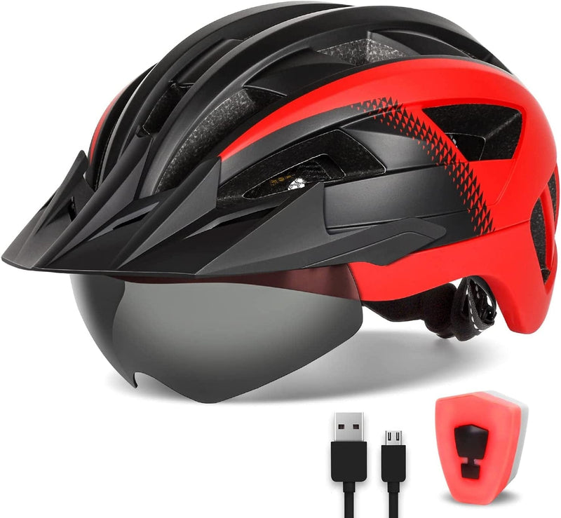 FUNWICT Adult Bike Helmet with Visor and Goggles for Men Women Mountain Road Bicycle Helmet Rechargeable Rear Light Cycling Helmet Sporting Goods > Outdoor Recreation > Cycling > Cycling Apparel & Accessories > Bicycle Helmets FUNWICT Black Red L: 57-61 cm (22.4-24 inches) 