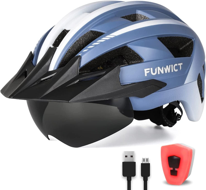 FUNWICT Adult Bike Helmet with Visor and Goggles for Men Women Mountain Road Bicycle Helmet Rechargeable Rear Light Cycling Helmet Sporting Goods > Outdoor Recreation > Cycling > Cycling Apparel & Accessories > Bicycle Helmets FUNWICT MixBlue XL: 59-63 cm (23.2-24.8 inches) 
