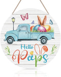 FWIEXA Easter Decoration Hello Peeps Wood Sign Plaque(12"X 12"), Happy Easter Truck with Easter Eggs Decor Sign, Cute Bunny Easter Themed Wooden Hanging Sign for Farmhouse Front Door Yard Easter Gift