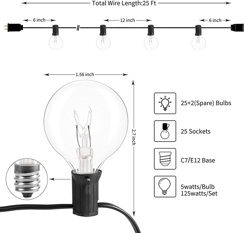 G40 Outdoor Patio String Lights Globe Christmas Lights 25FT with 27 Clear Bulbs(2 Spare), UL Listed Backyard Lights for Indoor outside Christmas Decorations, 25 Sockets, E12 Base, 5W Bulb, Black Home & Garden > Lighting > Light Ropes & Strings Brightown   