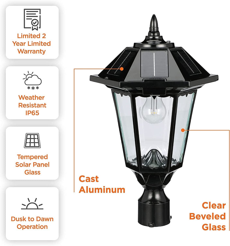 Gama Sonic Black Solar Outdoor Post Light, Windsor Bulb, Cast Aluminum, 1-Light with 3 Mounting Options, 3-Inch Fitter for Lamp Posts, Flat Mount for Column Lights and Wall Sconce Mount, 99B033
