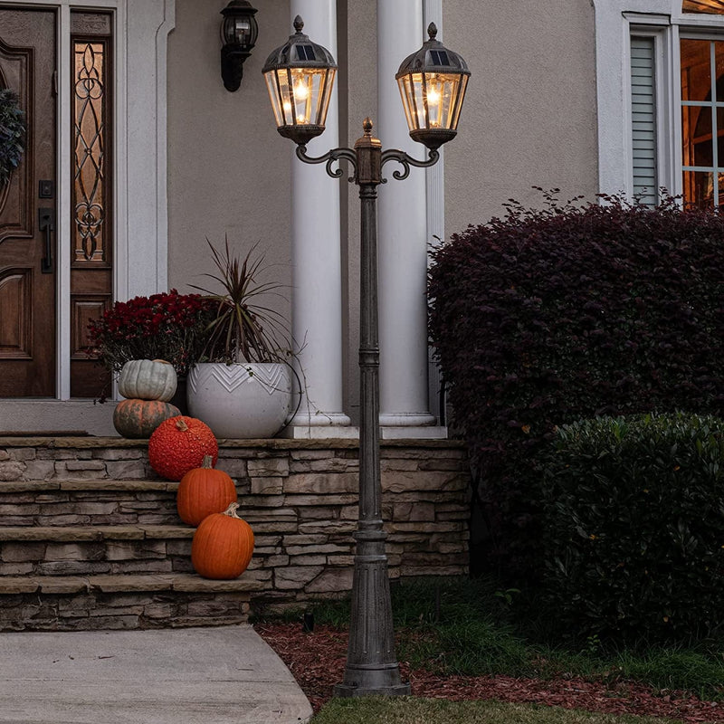 GAMA SONIC Outdoor Solar Lamp Post Light Kit, Royal Bulb 120 Lumens, Double Head Weathered Bronze Cast Aluminum and Clear Beveled Glass Post Lamp, Light Pole, and Warm White Light 2700K, 98B302 Home & Garden > Lighting > Lamps Gama Sonic   