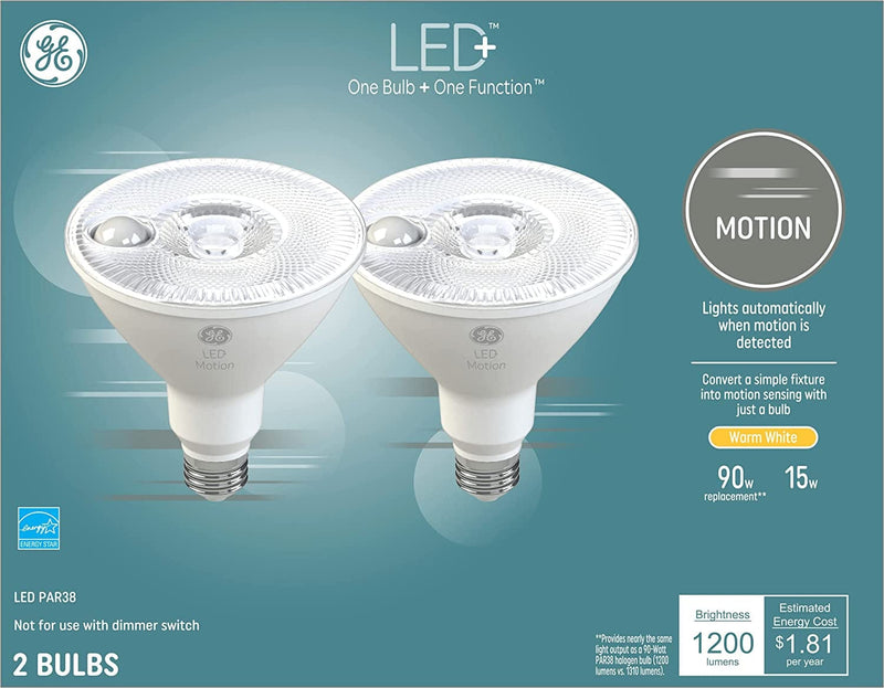GE LED+ Motion Sensor Light Bulbs, Warm White, Security Light, PAR38 Outdoor Floodlight Bulb (2 Pack) Home & Garden > Lighting > Flood & Spot Lights GE Lighting, a Savant Company 15 watts 2 Count (Pack of 1) 