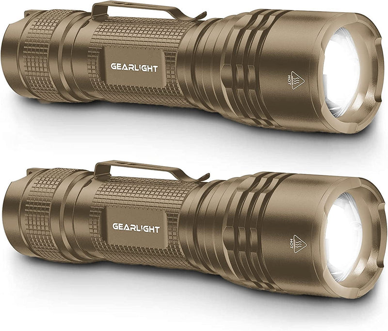 Gearlight TAC LED Flashlight Pack - 2 Super Bright, Compact Tactical Flashlights with High Lumens for Outdoor Activity & Emergency Use - Gifts for Men & Women - Black Hardware > Tools > Flashlights & Headlamps > Flashlights GearLight Desert Tan  