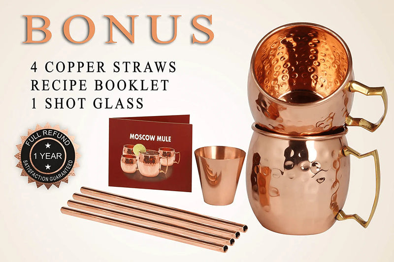[Gift Set] Moscow Mule Copper Mugs - Set of 4-100% HANDCRAFTED Pure Solid Copper Mugs - 16 oz Premium Gift Set with BONUS: 4 Cocktail Copper Straws, Shot Glass and Recipe Booklet!